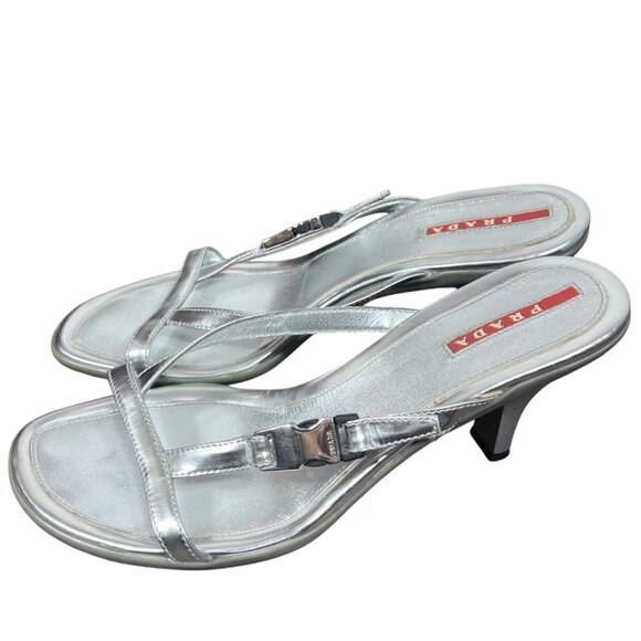 PRADA VINTAGE Y2K Silver Kitten Heel Strappy Buckle Accent Sz 37 US Sz 7 - Picture 1 of 11